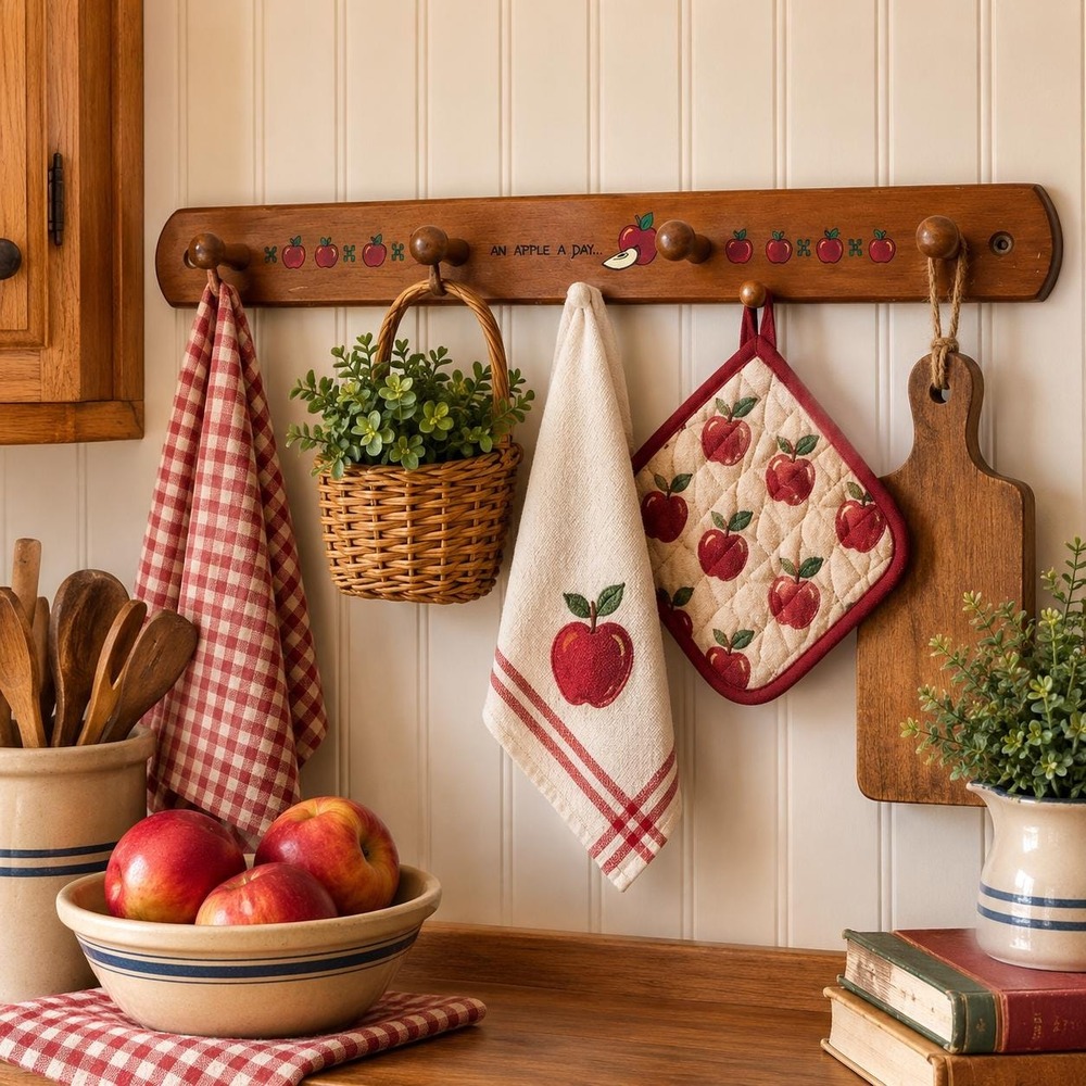 Vintage Apple Wooden Peg Rack 23" Country Kitchen Wall Hooks 80s 90s Decor